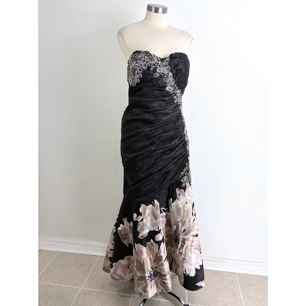 Mac Duggal Cassandra Stone Floral Print Beaded Ruched Strapless Formal Gown 16